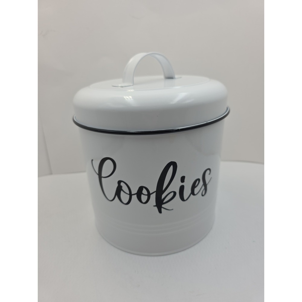 Farmhouse White‎ Metal Cookie Jar Canister Rustic Kitchen Counter Storage Tin